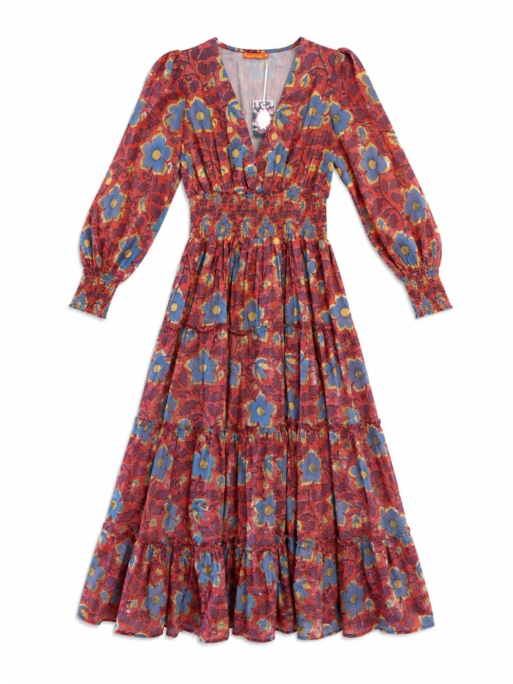 Oliphant V-Neck Smocked Waist Midi Dress Womens M Kildare Red NWT Floral Gold